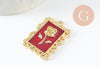 Pendentif rectangle fleur rose émail rouge, Pendentif zamac doré,fleur,pendentif zamac doré,27.5mm, x1  (G3713)