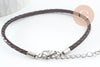 Bracelet réglable cuir cacao acier platine 304 inoxydable 3mm-21.5cm, bracelet unisexe acier inoxydable, x 1 G9574