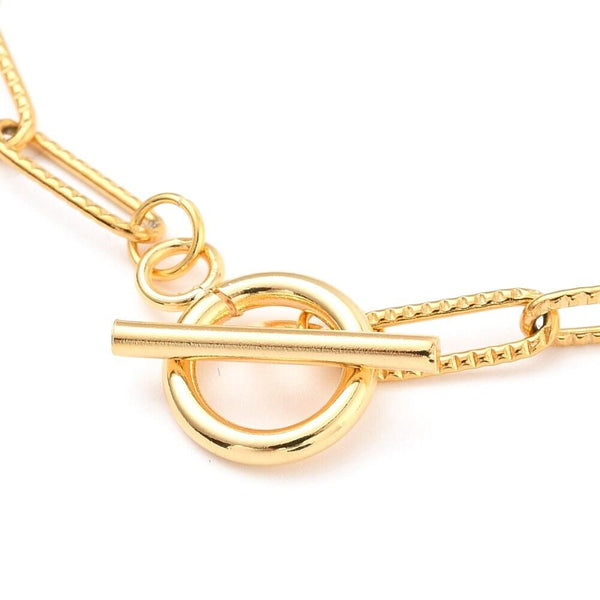 Bracelet trombone striée acier doré 14k inoxydable, fermoir en T, sans nickel, 20.9cm, x1 (G5805)