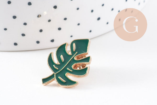 Broche pins feuille monsterosa motif végétal doré émail 25mm ,x1 (G5745)