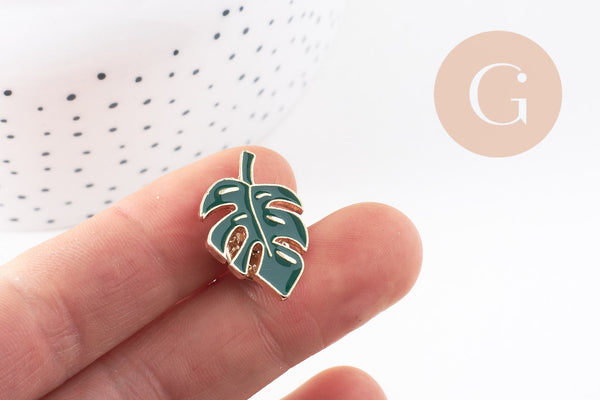 Broche pins feuille monsterosa motif végétal doré émail 25mm ,x1 (G5745)