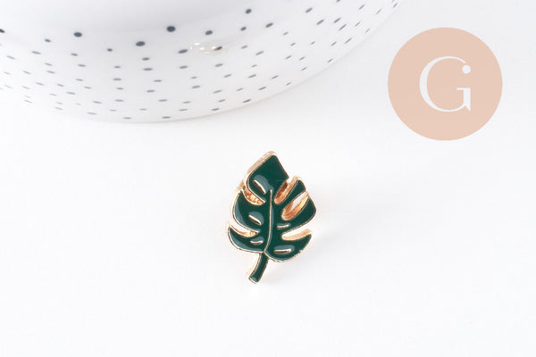 Broche pins feuille monsterosa motif végétal doré émail 25mm ,x1 (G5745)