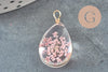 Pendentif Goutte verre transparent fleur séchée rose laiton doré 22-24mm, bijou verre fleurs séchées, x1 G9752