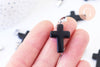 Pendentif croix jade naturel noir acier inoxydable 29mm,pendentif pierre, support argent, création bijoux,jade naturel,l x1 G5704