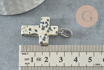 Pendentif croix jaspe dalmatien naturel acier inoxydable 29mm,pendentif pierre, support argent, création bijoux, x1 G1695