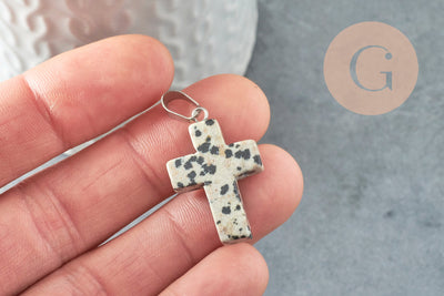 Pendentif croix jaspe dalmatien naturel acier inoxydable 29mm,pendentif pierre, support argent, création bijoux, x1 G1695