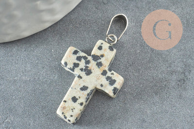 Pendentif croix jaspe dalmatien naturel acier inoxydable 29mm,pendentif pierre, support argent, création bijoux, x1 G1695