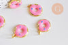 Pendentif donut laiton doré 18K résine rose 15mm, pendentif laiton jouet, bijou d'enfance,X1 G6255