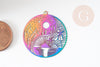 Pendentif estampe filigrane paysage multicolore acier 201 inoxydable 32mm, Pendentif très fin et léger, x2 G4444