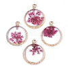 Pendentif rond résine fleurs séchées violettes 24mm, pendentif fleur de rose et or, création de bijoux originaux, x1 G5740