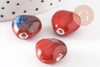 Perle coeur porcelaine rouge-bleu 14-15mm, perle céramique, fabrication bijoux amour et amitié x5 G9349